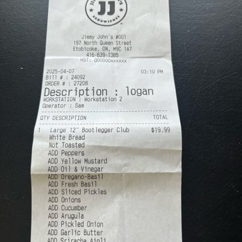 Jimmy Johns - My reciept - Desserts Near Me - Toronto, Ontario