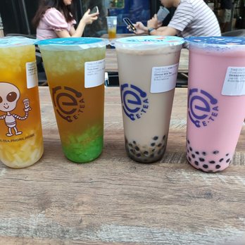 E-Tea - From left to right Mango Green Tea, Yuzu Green Tea, Classic Milk Tea, Strawberry Milk Tea - Bubble Tea Near Me - Washington, DC, District of Columbia