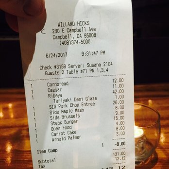 Willard Hicks - Our dinner bill - New American Near Me - Campbell, California Willard Hicks - Our dinner bill - New American Near Me - Campbell, California