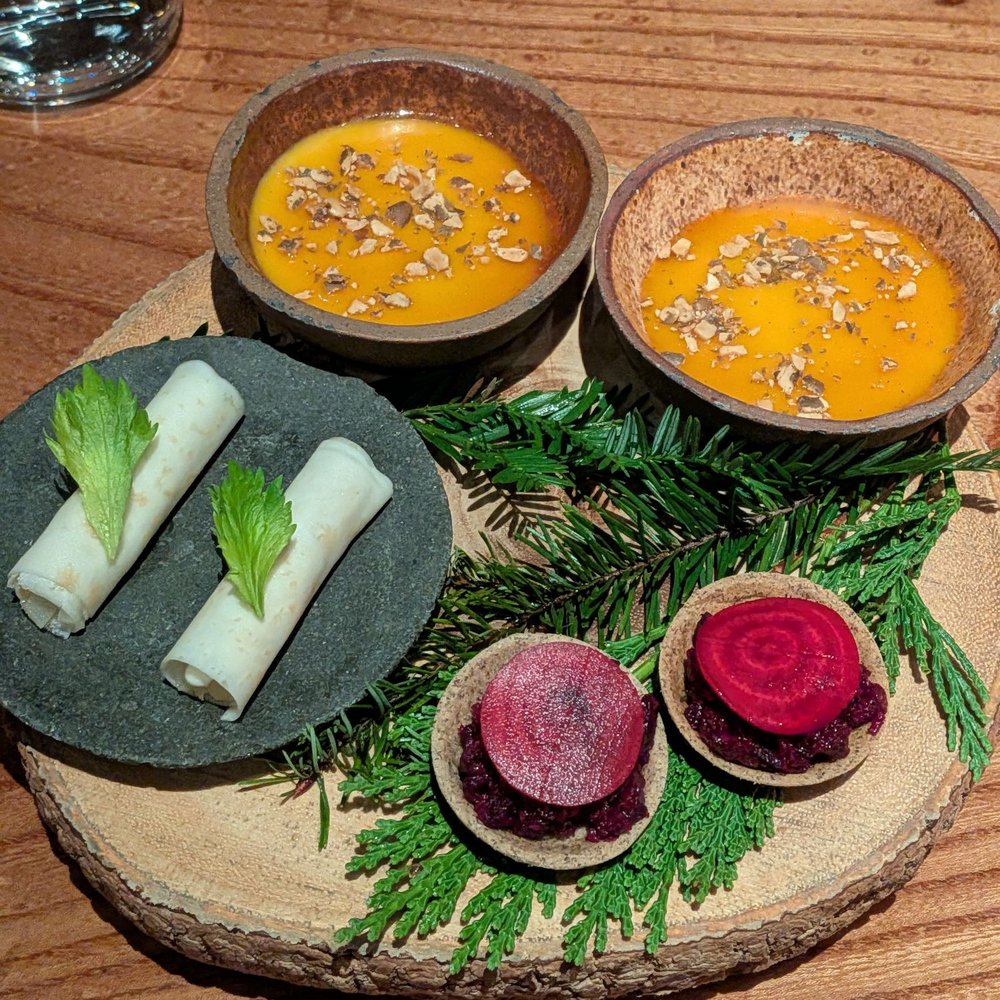 Lazy Bear - Breakfast trio: beet salad, honeynut squash flan and some blue cheese dish - New American Near Me - San Francisco, California Lazy Bear - Breakfast trio: beet salad, honeynut squash flan and some blue cheese dish - New American Near Me - San Francisco, California