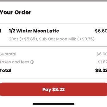 Summer Moon Coffee - $1 service fee to "maintain" their mobile app - WTF? - A digital receipt displays an order for a 1/2 Winter Moon Latte priced at $6.60, with taxes totaling $1.62, and a total of $8.22. - Coffee & Tea Near Me - Bee Cave, Texas