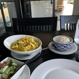 The very special cucumber salad and yellow curry chicken. Today the coconut rice was a bit gummy, but a great lunch! The very special cucumber salad and yellow curry chicken. Today the coconut rice was a bit gummy, but a great lunch!