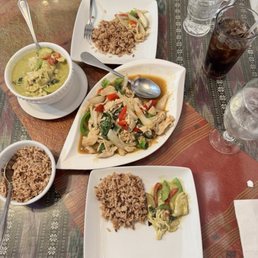 Basil chicken, Green Curry with Chicken, & Brown Rice