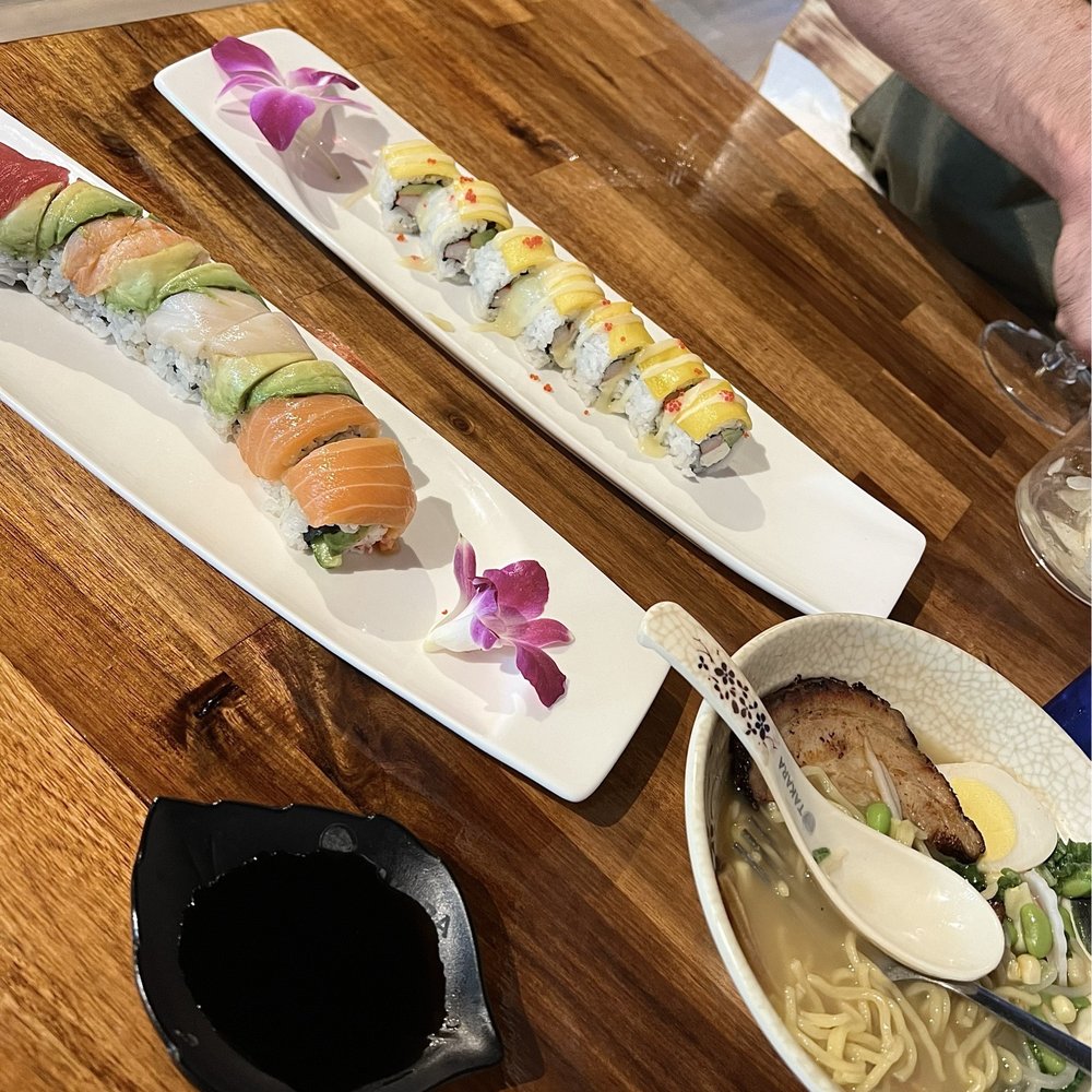 Takara - Ramen with pork, Rainbow Roll, T15. Farmers Orchard Roll - Japanese Near Me - North Richland Hills, Texas Takara - Ramen with pork, Rainbow Roll, T15. Farmers Orchard Roll - Japanese Near Me - North Richland Hills, Texas