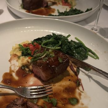 Geronimo - We split the New York strip, Roasted Garlic Fork-Mashed Potatoes, Sautéed Spinach - French Near Me - Santa Fe, New Mexico