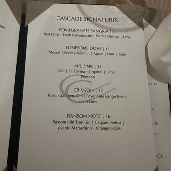 Cascade - Menu signature cocktails - Steakhouses Near Me - South Bend, Indiana