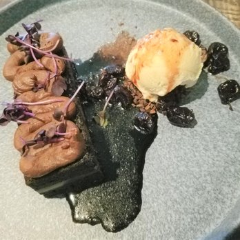 Modita - 214 The sauce was rather dark, but the Cocoa-Cola Cake was delicious! with Sorghum ice cream, cashew praline mousse and black cherries. - Sushi Bars Near Me - Indianapolis, Indiana