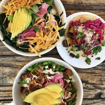 Seabirds Kitchen - Locals Bowl ( top) with Mushroom Taco & Holy Smokes Bowl ( bottom) - Vegan Near Me - Costa Mesa, California