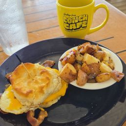 Bacon cheese and egg on a small biscuit, but delicious