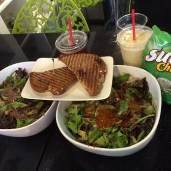 Healthy Eats - Caribbean entree w/ chicken on the left and w/ tuna on right. Grilled cheese w/ chicken and pickles in the middle. Yum! - Sandwiches Near Me - Monrovia, California