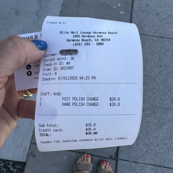 Bliss Nail Lounge - Receipt of service (more expensive then any other salon in the area) - Nail Salons Near Me - Hermosa Beach, California Bliss Nail Lounge - Receipt of service (more expensive then any other salon in the area) - Nail Salons Near Me - Hermosa Beach, California