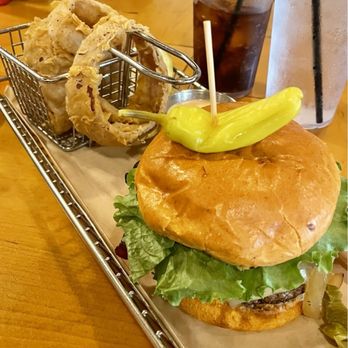 Hops Burger Bar - Diablo burger with house made onion rings - Burgers Near Me - Greensboro, North Carolina Hops Burger Bar - Diablo burger with house made onion rings - Burgers Near Me - Greensboro, North Carolina