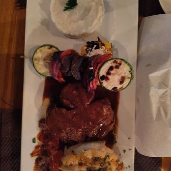 El Peregrino - Surf and Turf, Filet and Lobster with mashed potatoes and grilled vegetables - International Near Me - Cabo San Lucas, BCS El Peregrino - Surf and Turf, Filet and Lobster with mashed potatoes and grilled vegetables - International Near Me - Cabo San Lucas, BCS