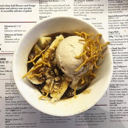 Nanbanana - banana in miso black sugar butterscotch sauce with vanilla ice cream, kinako, walnuts, and crispy fried noodles