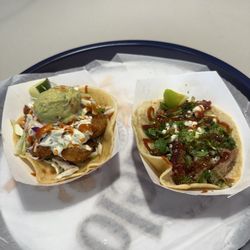 Rusty Taco - Dynamite shrimp taco (left) bbq brisket (right).