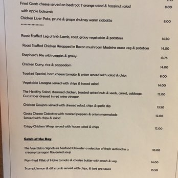 Vee Bistro - Saturday menu..... not sure how much the menu changes. - Cafes Near Me - Tramore, WD