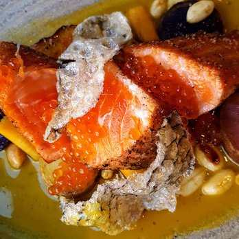 Rioja - king salmon, roasted acorn squash, fingerling potatoes, peanuts, trout roe, squash nage, salmon chicharron - New American Near Me - Denver, Colorado Rioja - king salmon, roasted acorn squash, fingerling potatoes, peanuts, trout roe, squash nage, salmon chicharron - New American Near Me - Denver, Colorado