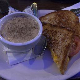 Grilled Cheese with Tomato sandwich and clam chowder = Delicious Grilled Cheese with Tomato sandwich and clam chowder = Delicious