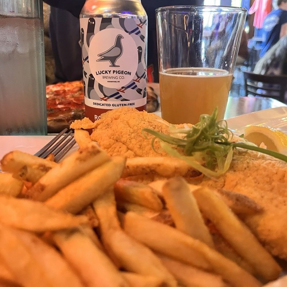 Geddy's - Fish & chips and an IPA from Lucky Pigeon, a dedicated gf brewery in Biddeford, Maine. - Seafood Near Me - Bar Harbor, Maine