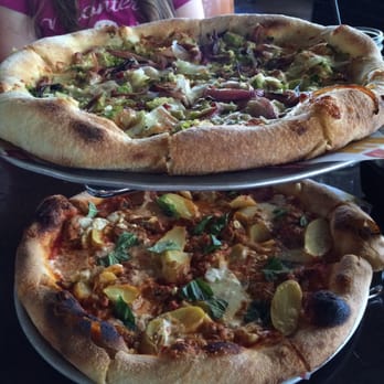 Federal Pizza - Roasted Brussel Sprout and onion pizza on top, potato, corn and meatball pizza on the bottom #art - Pizza Near Me - Phoenix, Arizona