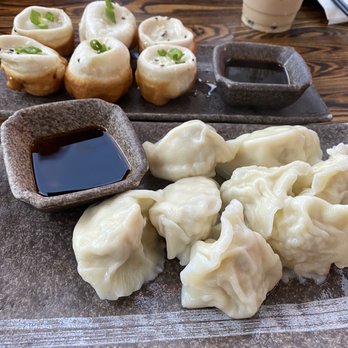 Dumpling Home - Juicy Pork Bao in the back (must order) and Shiitake Mushrooms with Chicken Dumpling in front (can skip unless you like sweet-ish dumplings) - Dim Sum Near Me - San Francisco, California