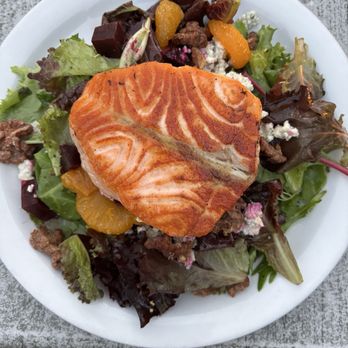 Moss Beach Distillery - Mandarin & beet salad with grilled salmon - Seafood Near Me - Moss Beach, California Moss Beach Distillery - Mandarin & beet salad with grilled salmon - Seafood Near Me - Moss Beach, California