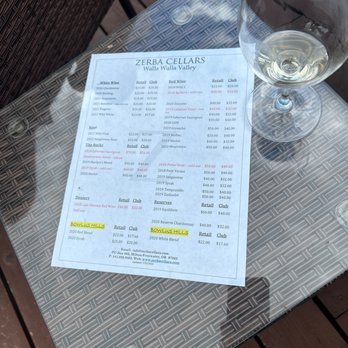 Zerba Cellars - Wine menu as of 7.25.23 - Wineries Near Me - Milton-Freewater, Oregon