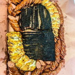 Meat tray. Whole brisket, Tiger Tails and sausage.