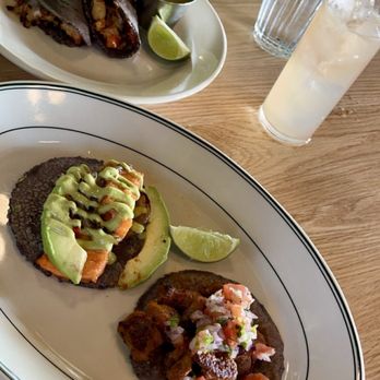 Verde Restaurant - A la carte tacos (carne asada - bottom pic, salmon - middle, and two shrimp - top) - New American Near Me - Costa Mesa, California Verde Restaurant - A la carte tacos (carne asada - bottom pic, salmon - middle, and two shrimp - top) - New American Near Me - Costa Mesa, California
