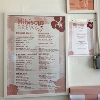 Hibiscus Brew - Menu - A menu board at Hibiscus Brew in Brooklyn lists various coffee, tea, smoothie, and bowl options, with prices and descriptions. - Cafes Near Me - Brooklyn, New York