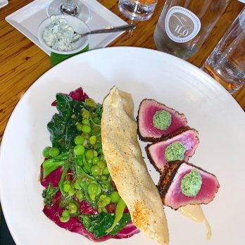 Chambar - Thon aux Petits Pois ($30) Seared Ahi tuna, summer peas, confit purple potatoes, carrot purée, brown butter broth, mint pistou - Belgian Near Me - Vancouver, British Columbia Chambar - Thon aux Petits Pois ($30) Seared Ahi tuna, summer peas, confit purple potatoes, carrot purée, brown butter broth, mint pistou - Belgian Near Me - Vancouver, British Columbia