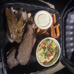 Bombers BBQ - Brisket, turkey sweet potato fries and loaded mashed potatoes