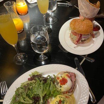 Harry's - Eggs Benny (bottom) + burger (right) - Steakhouses Near Me - Manhattan, New York