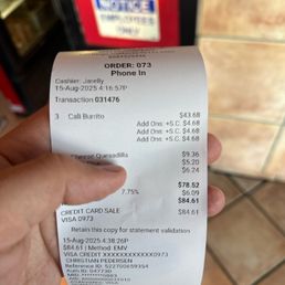 Heads up this place is a rip off!!! $5 more for add ons in burritos