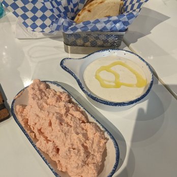 Nakos Greek Grill - Top to bottom: grilled pita, tzatziki, taramosalata - Mediterranean Near Me - Vaughan, Ontario