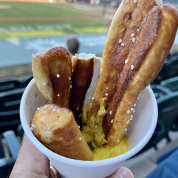 Truist Stadium - Soft Pretzel in a cup. I added the yellow mustard - Stadiums & Arenas Near Me - Winston-Salem, North Carolina