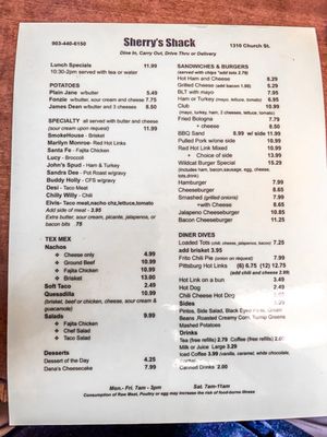 Menu photo 1 Sherrys Shack Sulphur Springs, TX