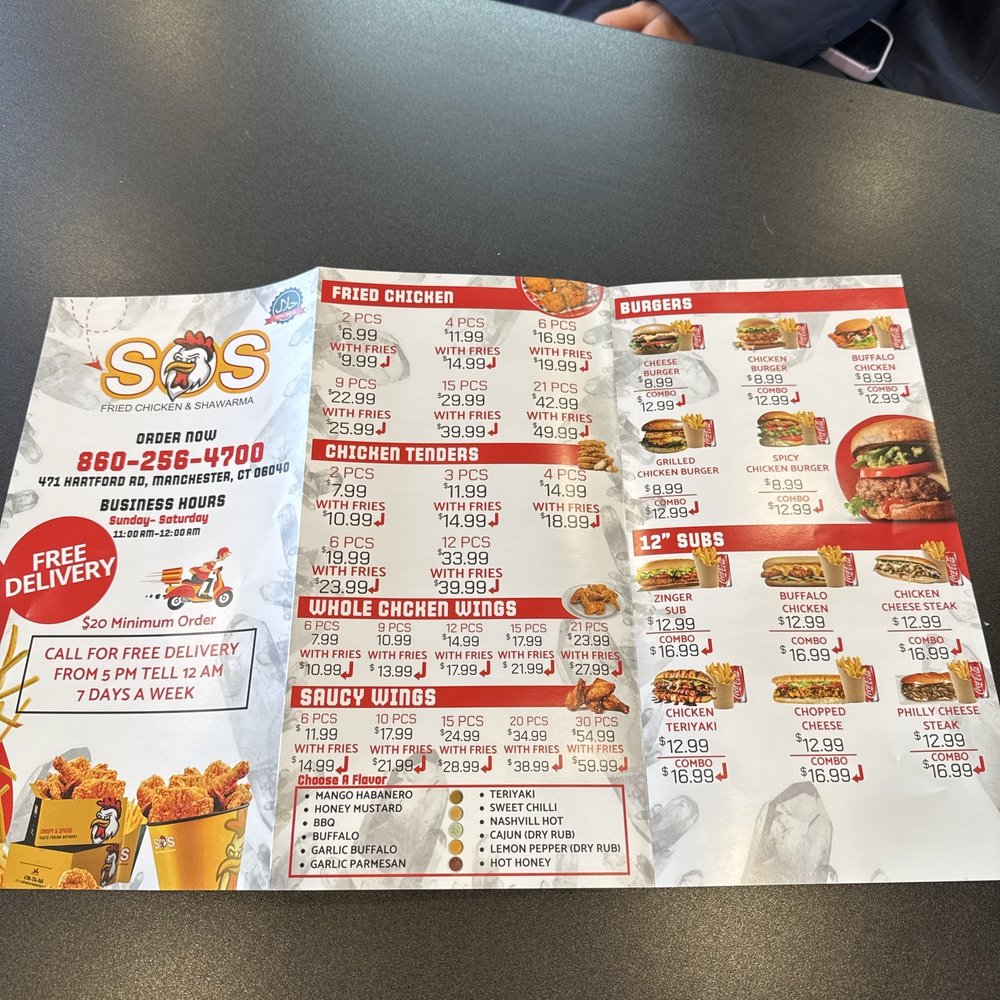SOS Fried Chicken and Shawarma - Menu - Chicken Shop Near Me - Manchester, Connecticut SOS Fried Chicken and Shawarma - Menu - Chicken Shop Near Me - Manchester, Connecticut