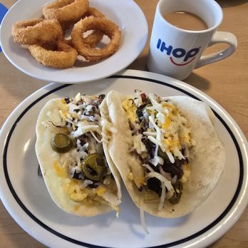 IHOP - IHop in McHenry. Shredded Beef Breakfast Tacos, with Onion Rings and Coffee. - Breakfast & Brunch Near Me - Mchenry, Illinois