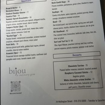 Bijou Restaurant - The menu. - French Near Me - Stratford, Ontario