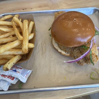 Roots Chicken Shak - Frisbee sandwich and fries. - Southern Near Me - Addison, Texas