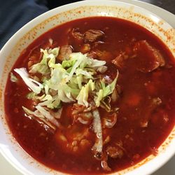 Casa Singuilucan - Pozole - "broth rich soup made with pork, red chiles, corn, shredded lettuce, & radishes"