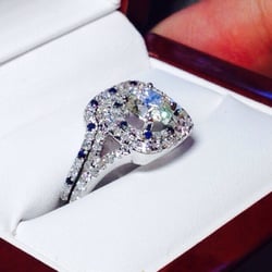 Cardamone Diamond Company - Split shank double halo 1.7 carat 14kt gold engagement ring & wedding band diamond and sapphire- created by Cardamone Diamond Company
