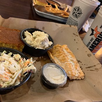 Mission BBQ - Salmon, Potato salad, Cole Slaw and cornbread - Barbeque Near Me - Orlando, Florida