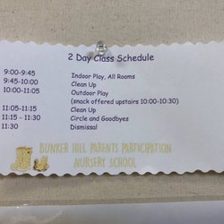 Bunker Hill Parent Participation Nursery School - Class schedule on Tuesday and Thursday mornings.