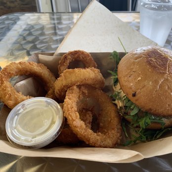 S'wich Bistro - Loaded burger and onion rings. - Breakfast & Brunch Near Me - Irvine, California