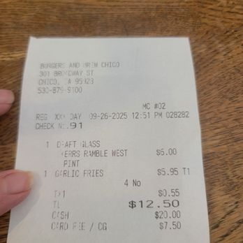 Burgers and Brew - September 26th receipt - Bars Near Me - Chico, California Burgers and Brew - September 26th receipt - Bars Near Me - Chico, California