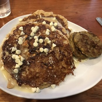 Ruby Slipper Central Business District - White chocolate bread pudding pancakes with chicken sausage - Breakfast & Brunch Near Me - New Orleans, Louisiana Ruby Slipper Central Business District - White chocolate bread pudding pancakes with chicken sausage - Breakfast & Brunch Near Me - New Orleans, Louisiana