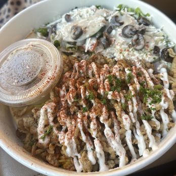 Stop N Go Gyros - Greek salad, chicken and rice with garlic sauce, warm pita, fresh hummus - Greek Near Me - Wylie, Texas