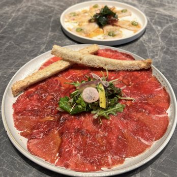 Adrestia - Cold Smoked Beef Carpaccio w/ japanese cucumber, whisky barrel aged soy, tea leaf salad ($24) - New American Near Me - Sunnyvale, California